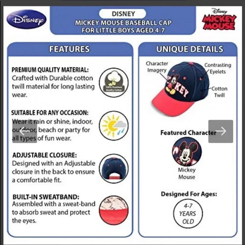 Disney Kids Mickey Mouse Baseball Cap Boys 4-7